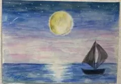 幻想的な海の風景画 星空 オイルパステル画原画 ハガキサイズ 絵画