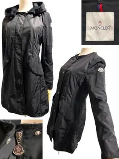 美品 モンクレール コート 黒 フード付取り外し可 Aライン レディース0 薄手