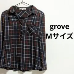 grove チェック柄 長袖シャツ ブラウス スキッパー　レース切り替え　M