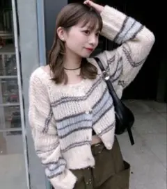 kastane ボーダーモヘアライクニット サックスブルー