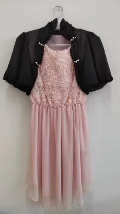 ピンク　ノースリーブ　パーティードレス　結婚式　ブラック　ボレロセット
