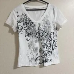 ROMWE クロス 羽根 Vネック Tシャツ ホワイト M