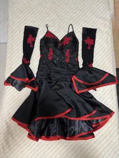 社交ダンス衣装 ドレス 黒 赤 刺繍 アームカバー付