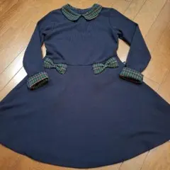 極美品KPニットプランナーチェックリボンモチーフ長袖ワンピース140濃紺