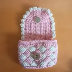 ハンドメイド　かぎ針編み　　ポーチ　カードケース　リボン　アフガン編み