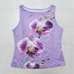 新品 フラワー プリント トップス ノースリーブ カットソー 紫 タンクトップ