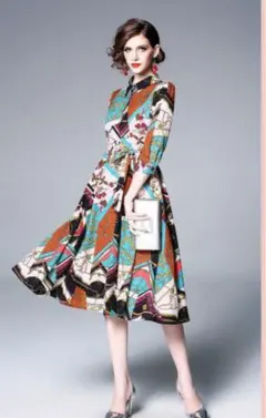 ヴィンテージ風 七分袖 ボウタイ付き ロングワンピース