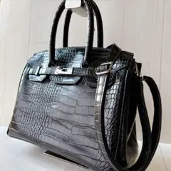 【極美品】クロコ型押し 2WAY ハンドバッグ ショルダーバッグ ブラック