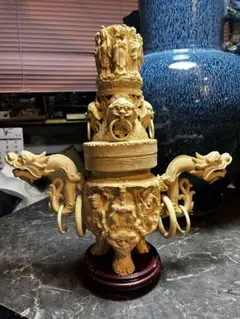 中国美術　龍、獅子、仙人、象牙風香炉 香炉　台付　置物　アンティーク 樹脂製香炉