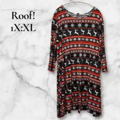 美品✨️Roof!【1X】長袖ワンピース クリスマス柄 総柄 ブラック レッド