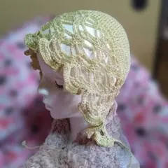 春夏用ボンネット帽　透かし編み　ハンドメイド　紐つき