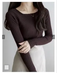 スクエアネック リブニット ブラウン 長袖 Lサイズ GRL