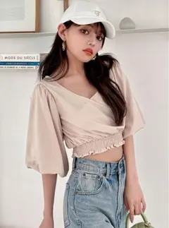 GRL グレイル　カシュクールシャーリングクロップド丈トップス