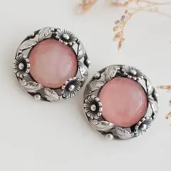 60sDenmarkデイジーシルバーイヤリング＊ローズクォーツ＊アンティーク