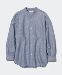 青と白のストライプ バンドカラーシャツ