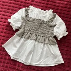 新品未使用品　フリル付きシャーリング半袖ブラウストップス　95センチ　白
