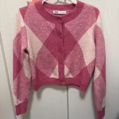ZARA Ｌ　ピンク　アーガイル柄　セーターカーディガン