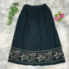 【Samansa Mos2】花柄刺繍 フレアスカート (F) 黒 リネン混