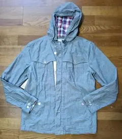 デニム風　シャツ風　フード付　ジャケット　カジュアル　チェック　グレー