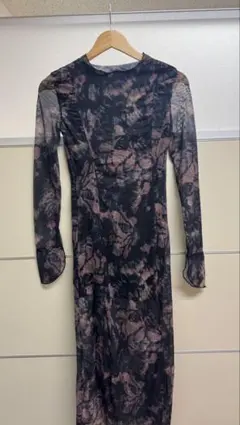 長袖シャツドレス 紺とピンク模様