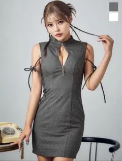 フロントジップリボンスタッズタイトミニドレス/キャバドレス グレー