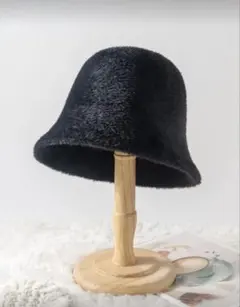 黒いファーバケットハット レディース
