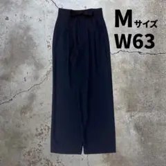 レディース ハイウエストワイドパンツ リボン ネイビー タック Sサイズ 上品