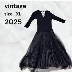 vintage ニットワンピース ブラック XL チュールスカート　ロング　古着