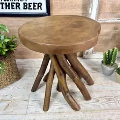 オールドチーク天然無垢材枝脚丸花台木製飾り台（33㎝×41㎝）サイドテーブル置台