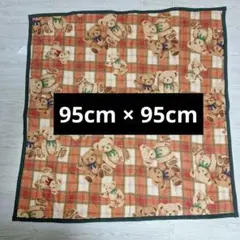 敷物　テディベア柄　95cm×95cm　キルティング　緑　オレンジ　リバーシブル