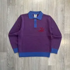 80s ヴィンテージ ニットポロ ボーダー ドラゴン刺繍 パープル 長袖 M