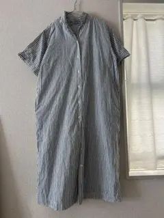 無印良品リネン100%ストライプ柄 シャツワンピース 半袖 L