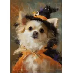 S048 ハロウィンで仮装する チワワ A4サイズ オリジナルアート 犬 絵画