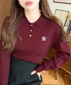 moment+ 刺繍入り衿付きポロニット　ボルドー　Mのサムネイル