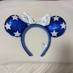 ディズニー カチューシャ 耳 青 キラキラ スパンコール リボン