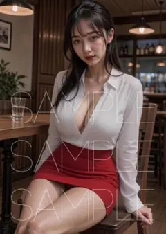 【A231】A4 AI美女 カフェ 白シャツ 赤タイト 谷間 美脚 ポスター