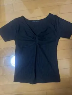 One way リブ編み黒半袖Tシャツ