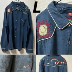 チャイハネ　アミナ　刺繍付きダークブルーコットンシャツ　レディース