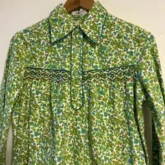 昭和レトロ 花柄ワンピース 70s風 大きめ襟 グリーン 総柄 古着