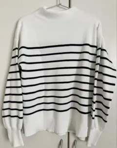 ストライプニットセーター Lサイズ ホワイト/ブラック春秋ボーダーハイネック