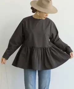 コカ coca ウエストギャザーフレアトップス 長袖 チュニック チャコール