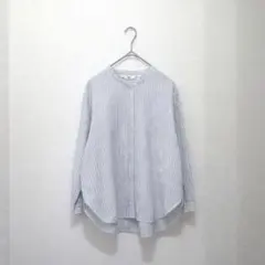 UNIQLO／リネンブレンドストライプバンドカラーシャツ 七分袖／オフホワイトM