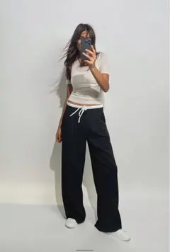 ダブルウエスト ワイドパンツ