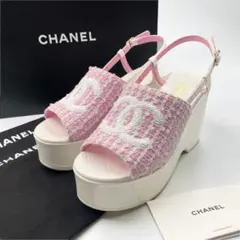 《未使用品》 CHANEL シャネル ツイード 厚底サンダル ココマーク ピンクのサムネイル