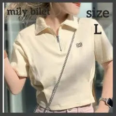 mily bilet ピコレース使い胸刺繍ピグメントZIPポロシャツ トップス
