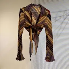 ストライプ柄 リボン結び 長袖シャツ