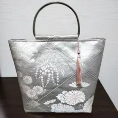 帯リメイク 和装バッグ フォーマル 薄紫 銀糸 鳳凰 藤の花 菊 花菱