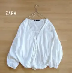 ZARA ザラ　スキッパーシャツ ブラウス　ボリューム袖　リネン混　ゆったり