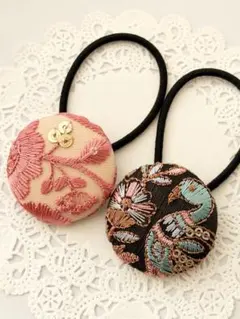 【No.228】インド刺繍 くるみボタン38㎜ ヘアゴム 2個セット