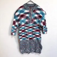 リブ編みニット 半袖 トップ　青赤グラデーション　個性的　海外古着　一点物